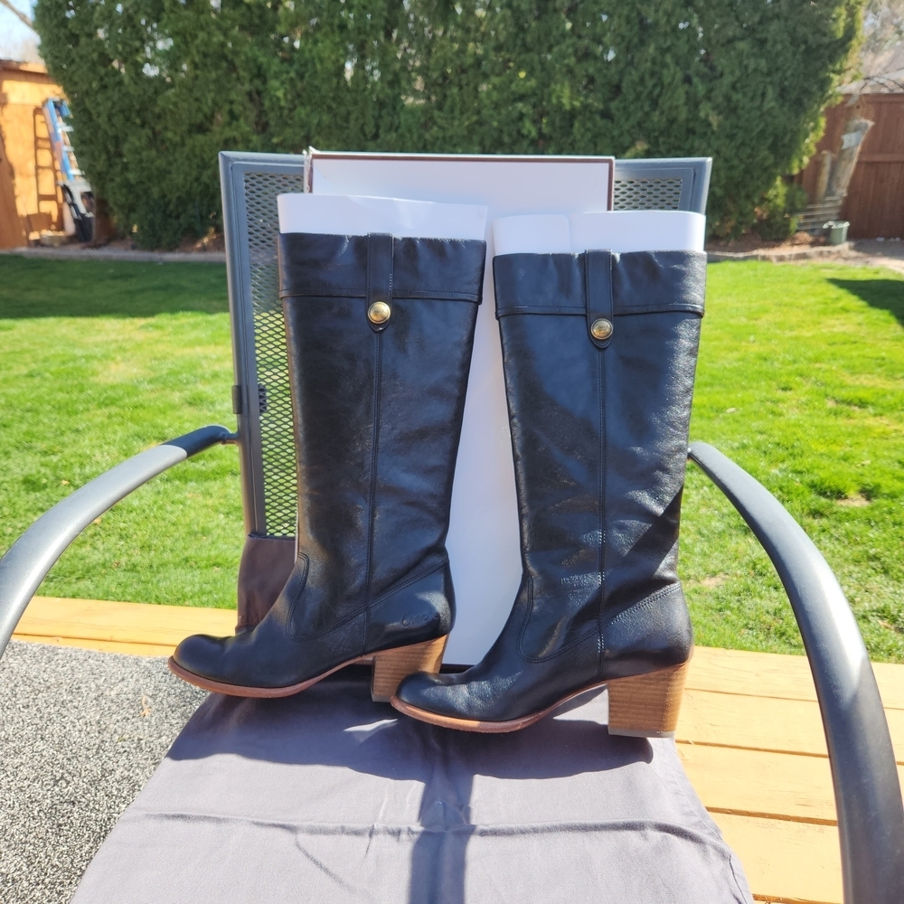 Coach Fayth Black Leather Mid-Calf Riding Boots 2 Inch Heel